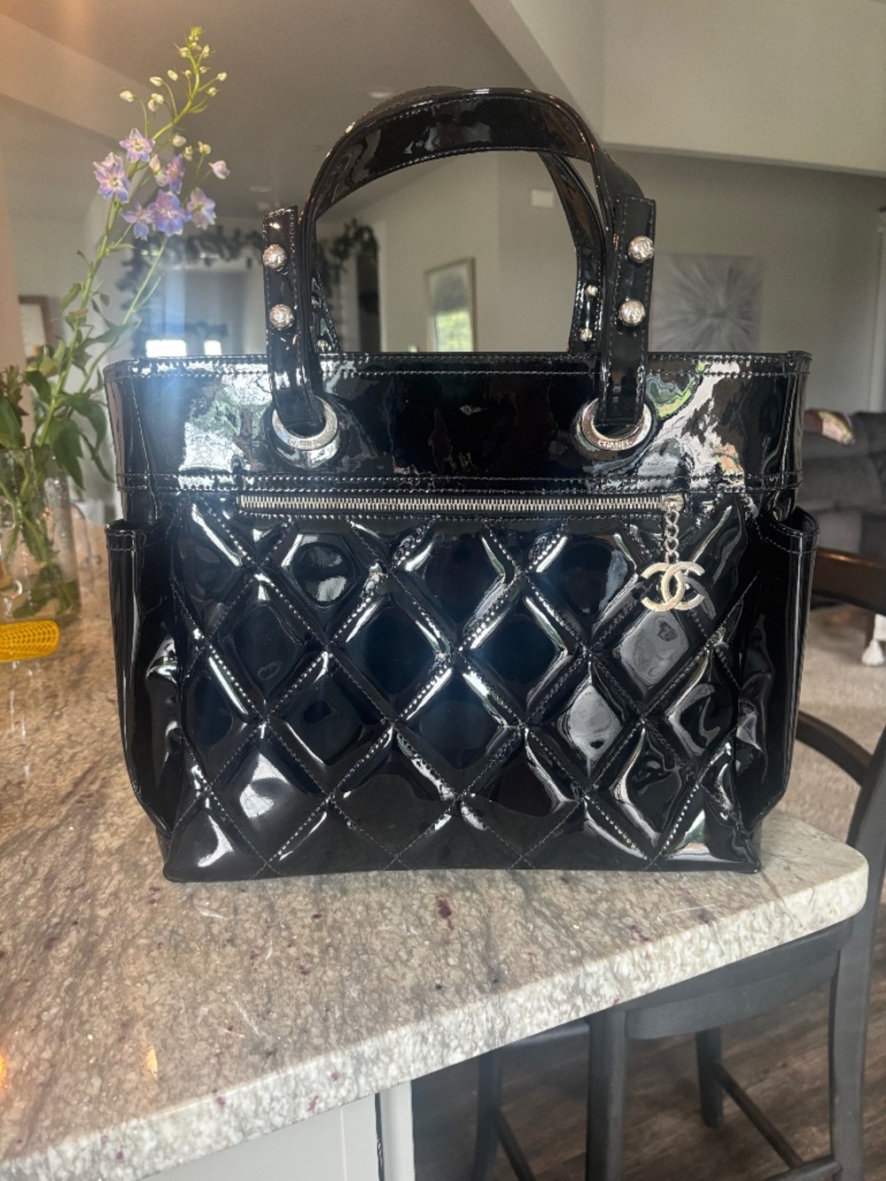 Chanel Medium CoCo Ming Black Quilted Patent Tote Silver HW 13 series